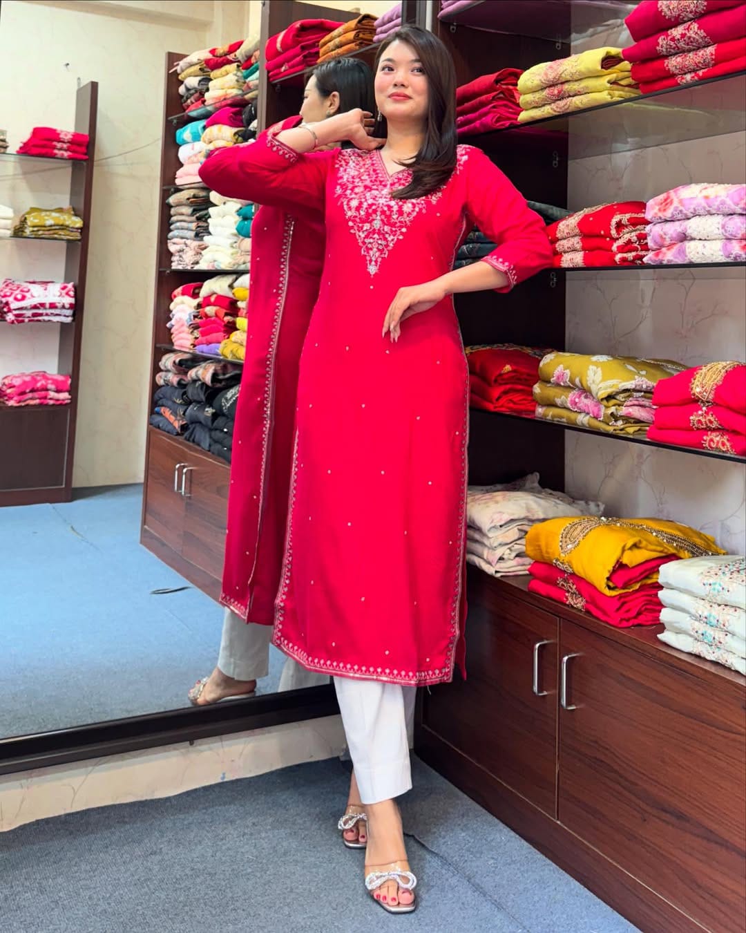 Embroidered Banana Silk Kurti Set with White Pants