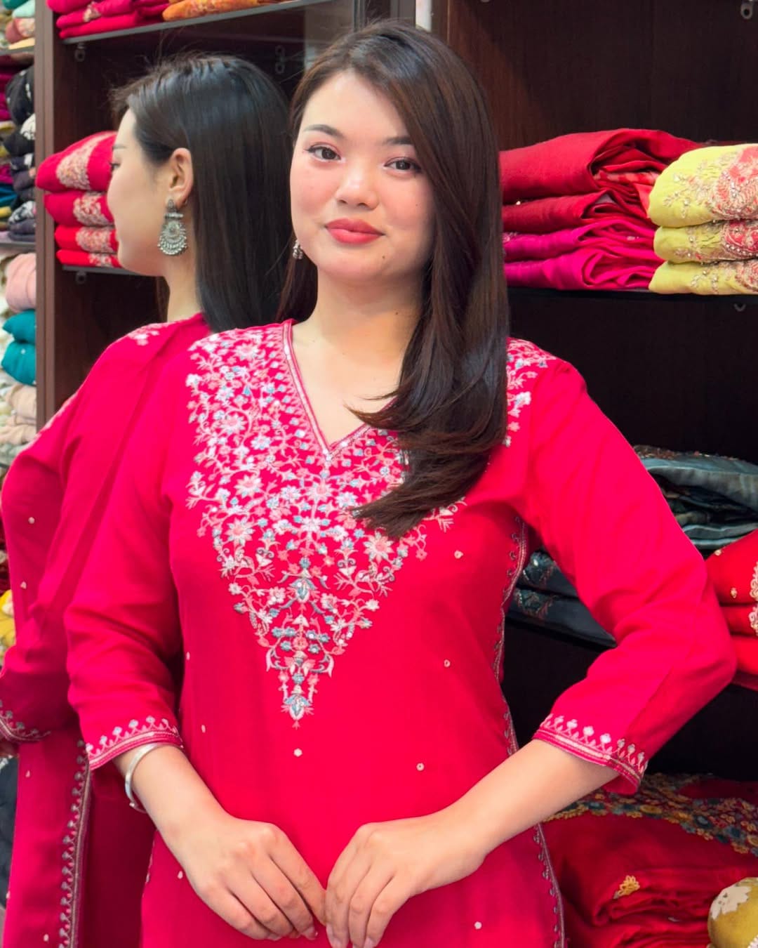 Embroidered Banana Silk Kurti Set with White Pants