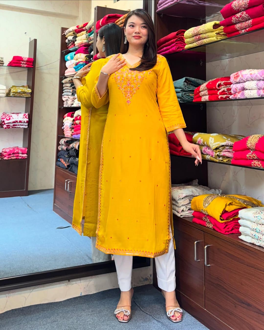 Embroidered Banana Silk Kurti Set with White Pants