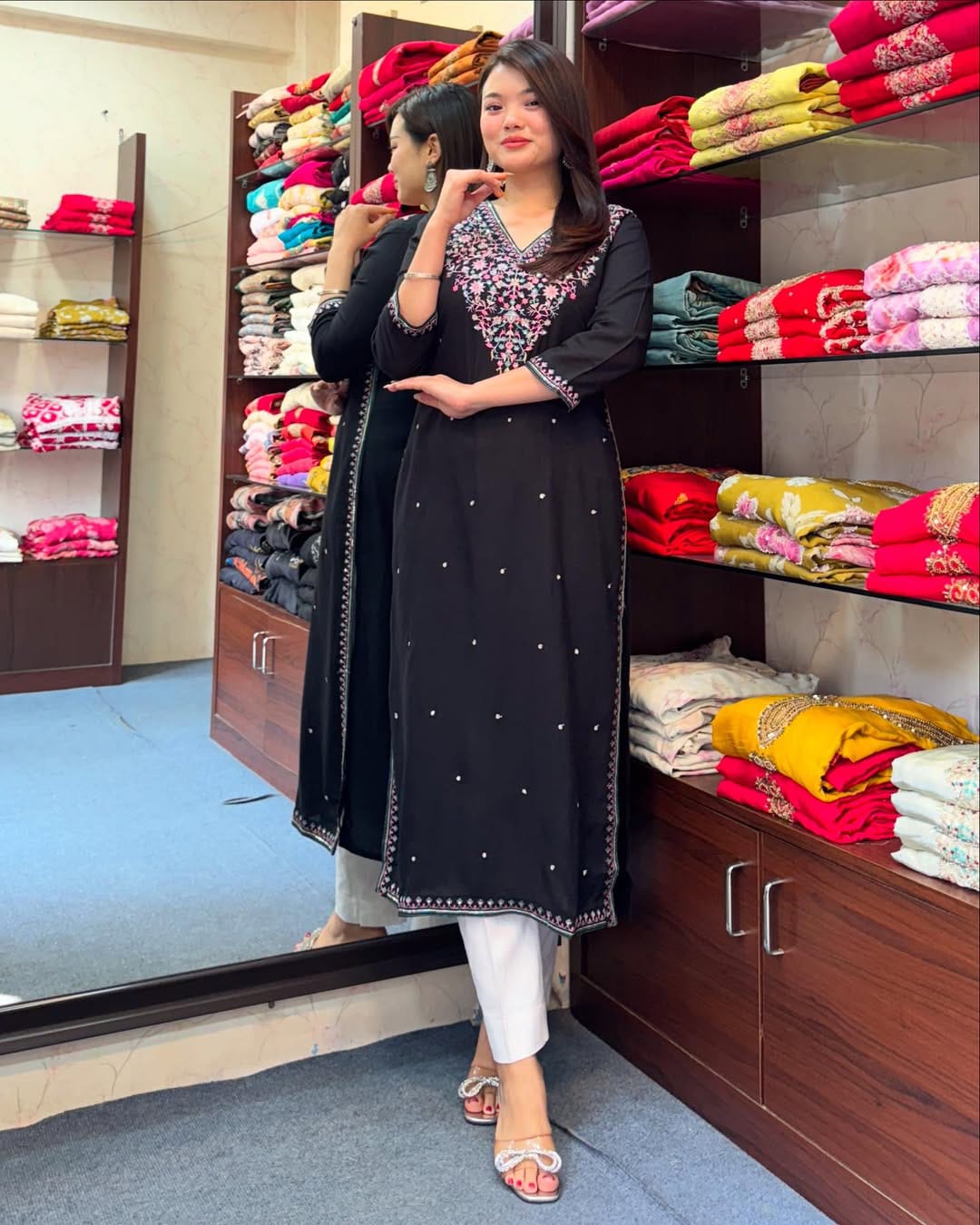 Embroidered Banana Silk Kurti Set with White Pants