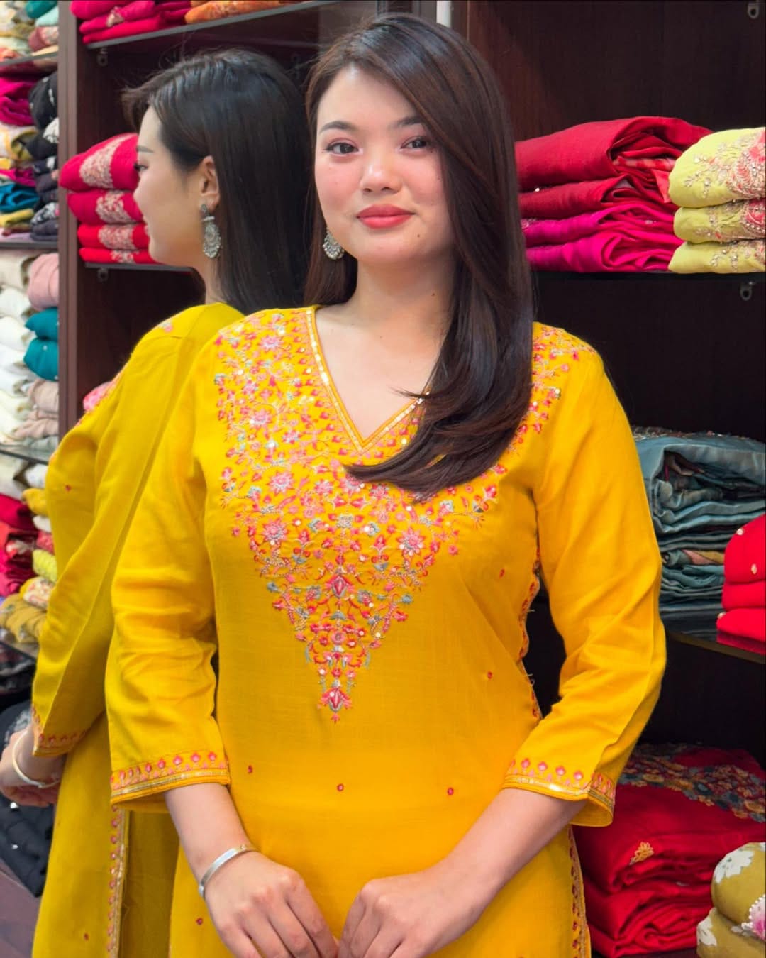 Embroidered Banana Silk Kurti Set with White Pants