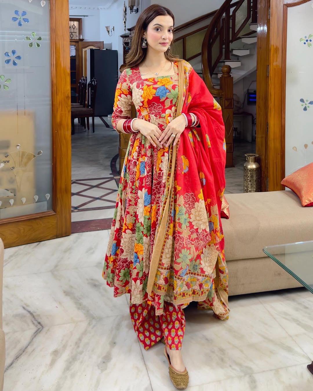 Red Floral Cotton Anarkali Suit Set with Chanderi Dupatta