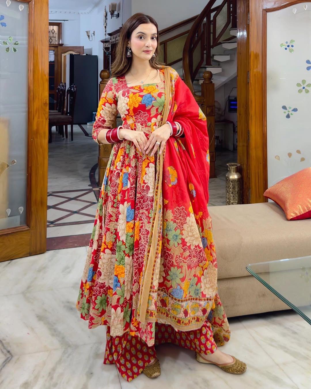 Red Floral Cotton Anarkali Suit Set with Chanderi Dupatta