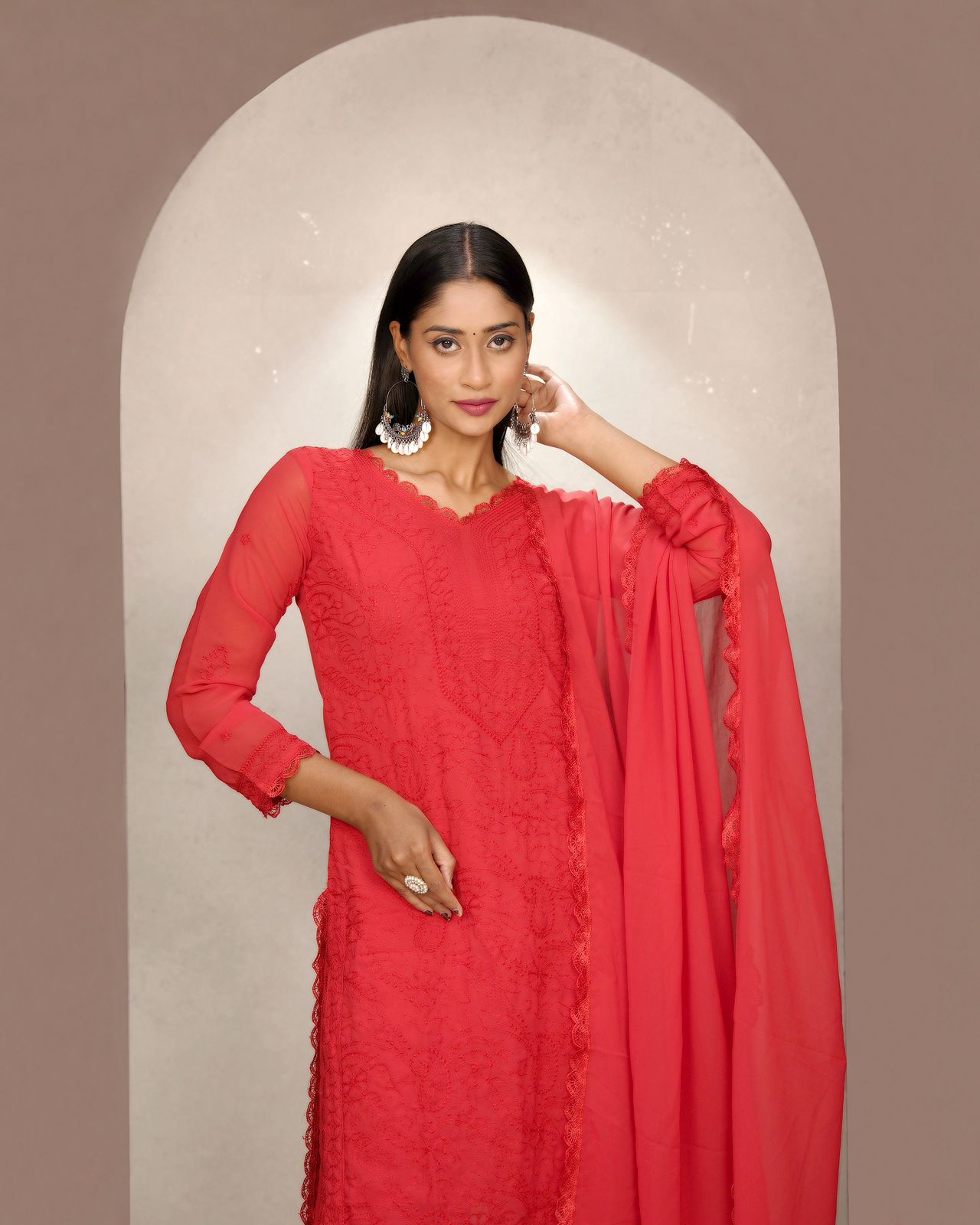 Chikankari Embroidery 3-Piece Suit - Fox Georgette Gown Set