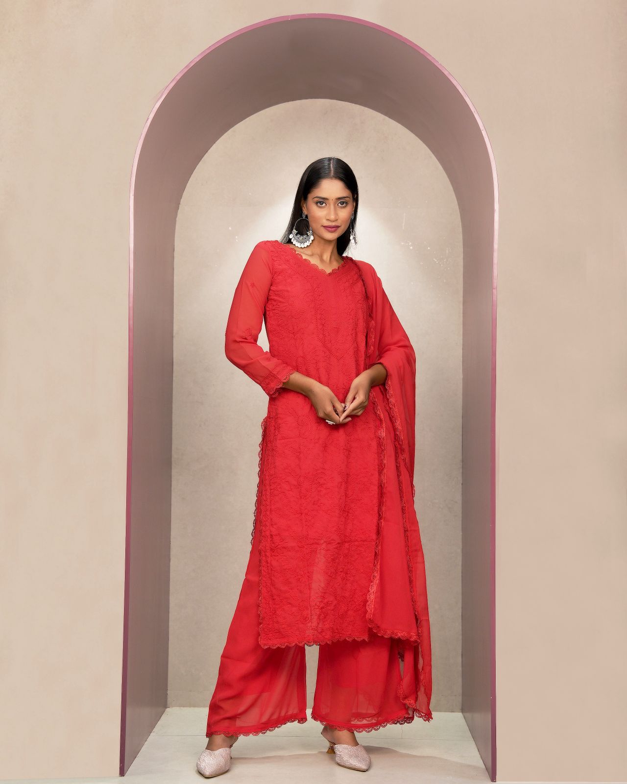 Chikankari Embroidery 3-Piece Suit - Fox Georgette Gown Set