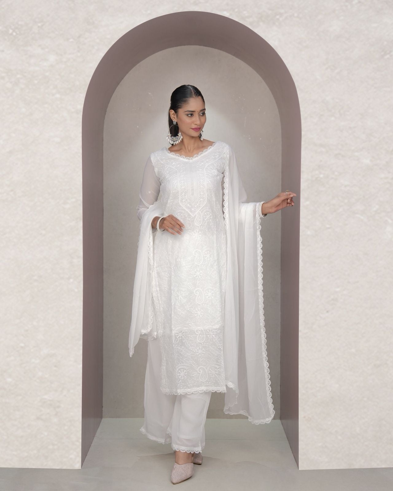 Chikankari Embroidery 3-Piece Suit - Fox Georgette Gown Set