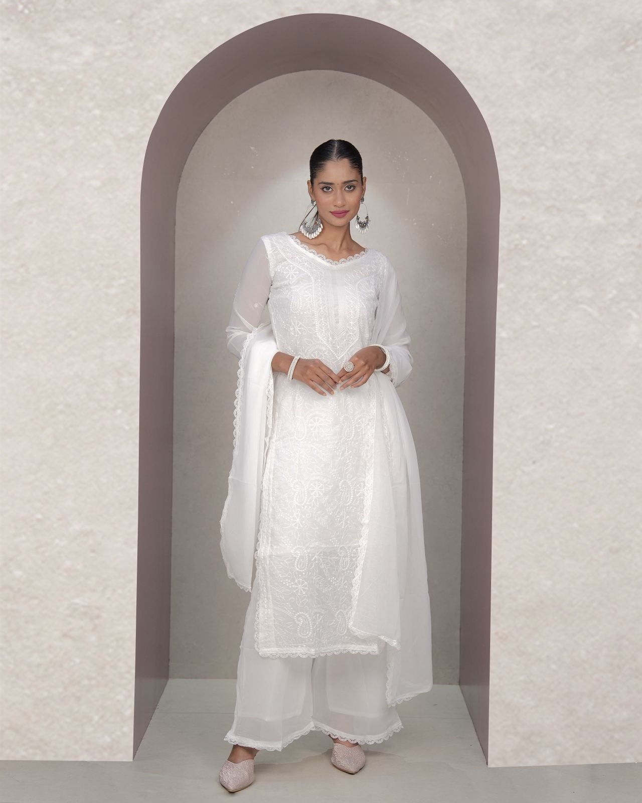 Chikankari Embroidery 3-Piece Suit - Fox Georgette Gown Set