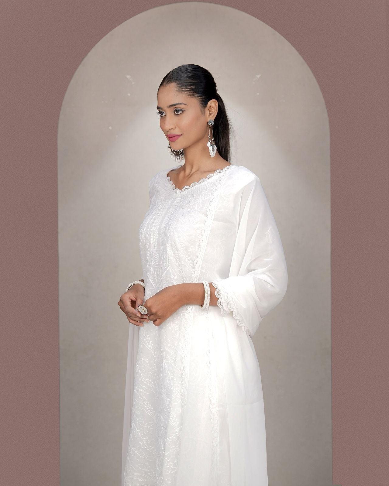 Chikankari Embroidery 3-Piece Suit - Fox Georgette Gown Set