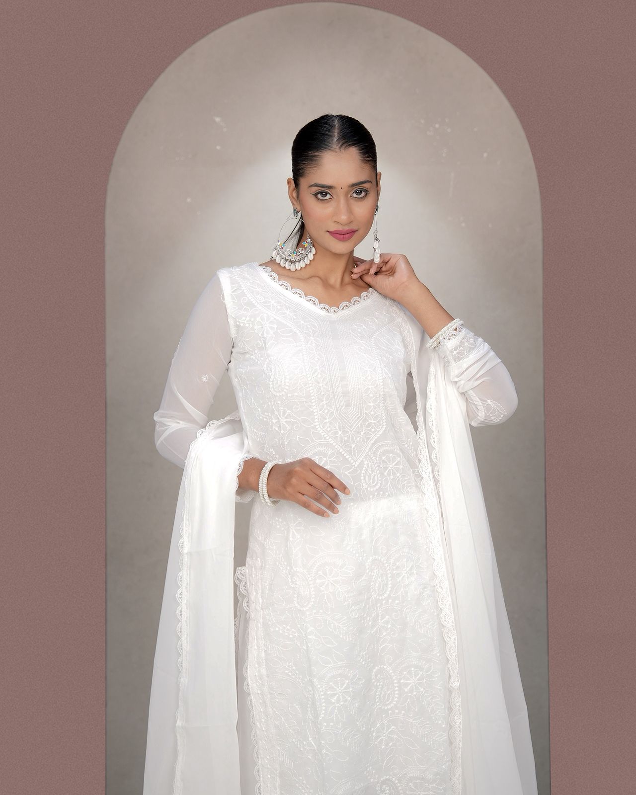 Chikankari Embroidery 3-Piece Suit - Fox Georgette Gown Set