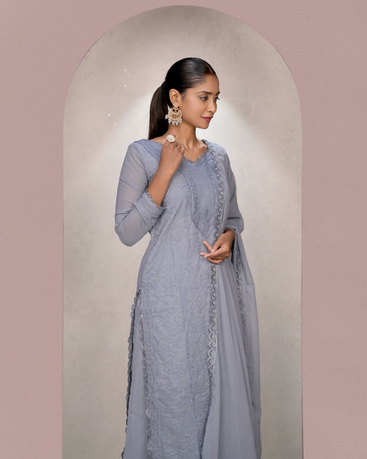 Chikankari Embroidery 3-Piece Suit - Fox Georgette Gown Set