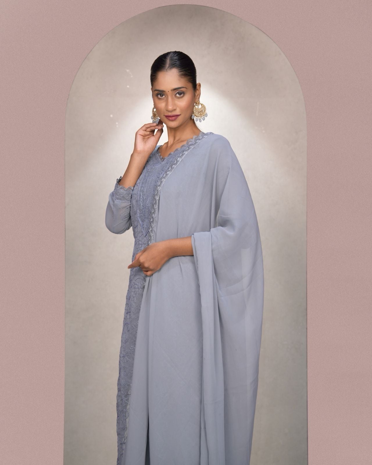 Chikankari Embroidery 3-Piece Suit - Fox Georgette Gown Set