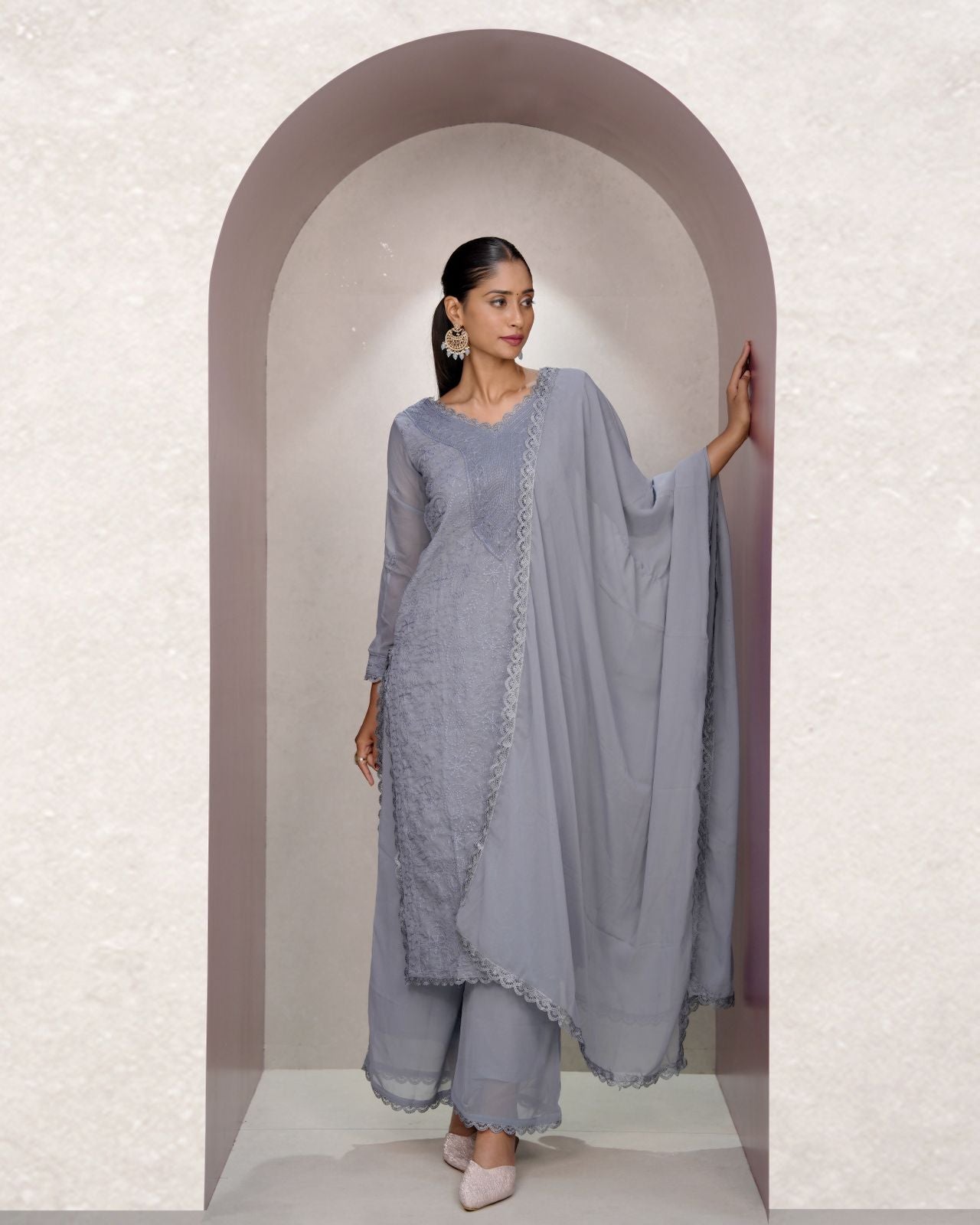 Chikankari Embroidery 3-Piece Suit - Fox Georgette Gown Set