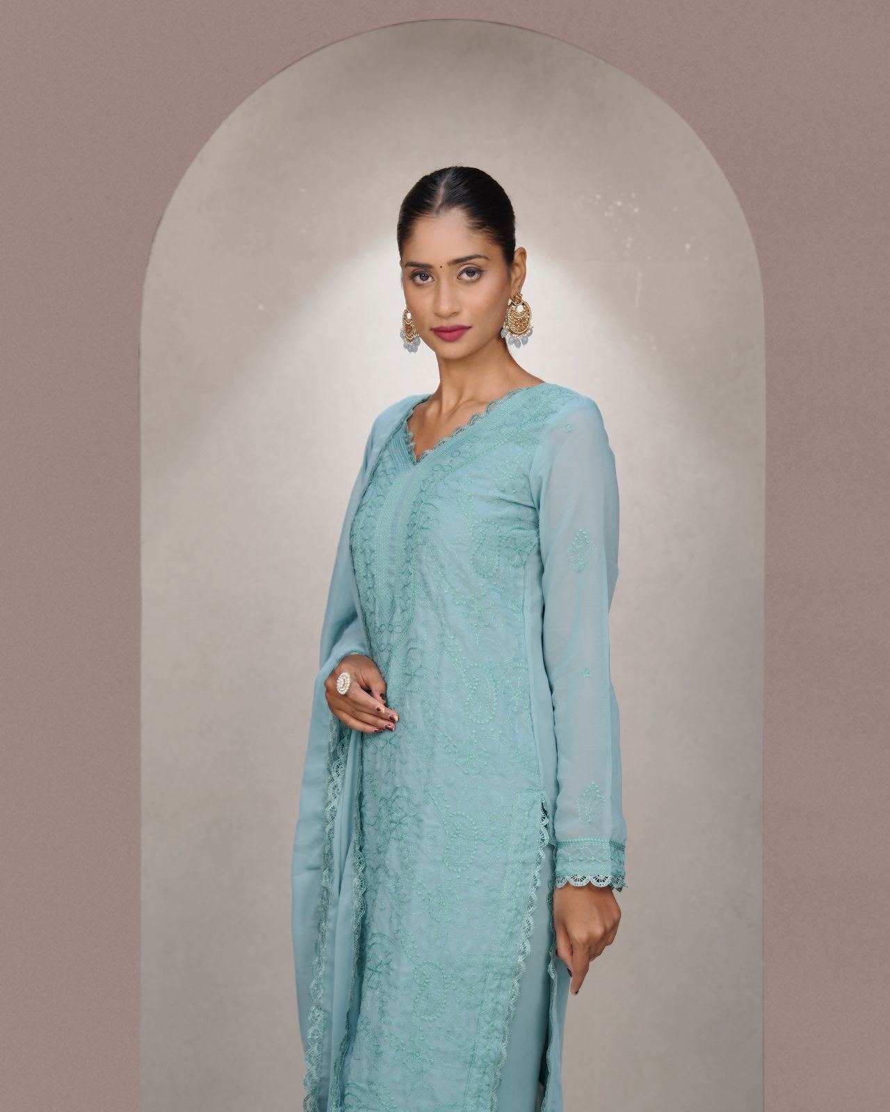Chikankari Embroidery 3-Piece Suit - Fox Georgette Gown Set