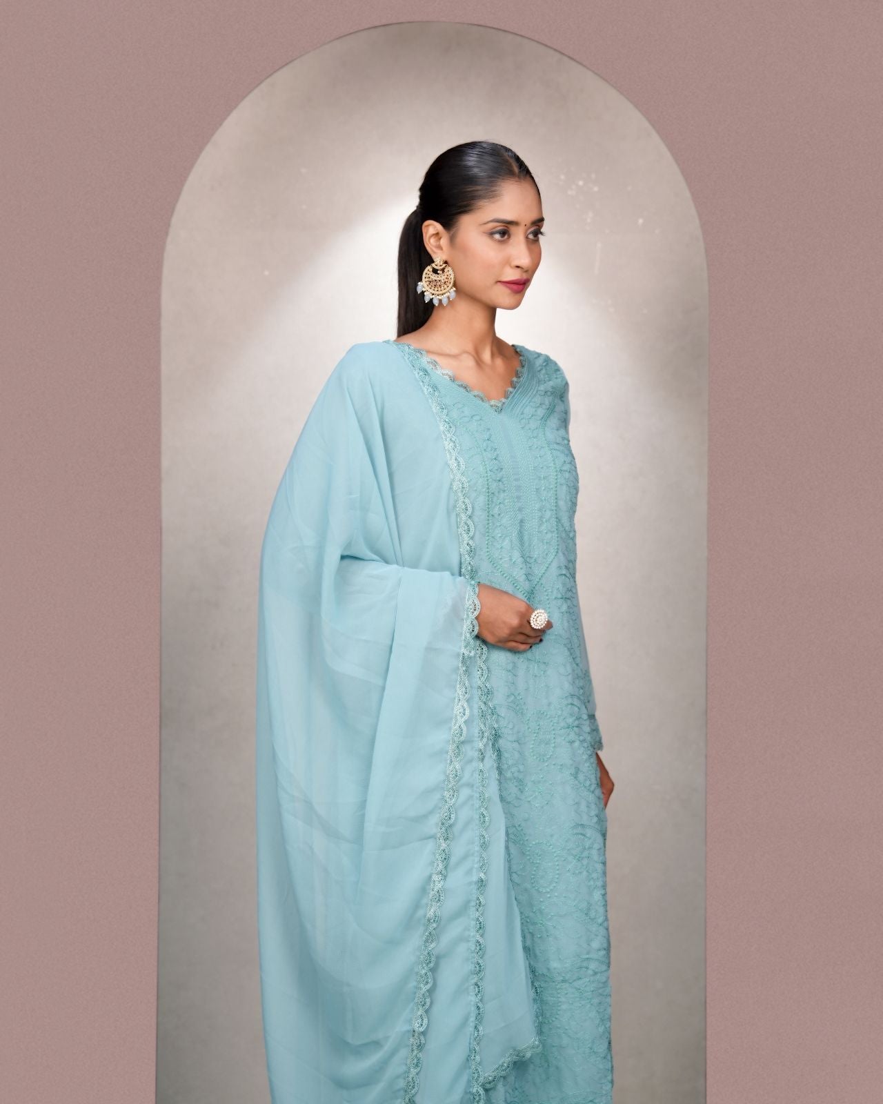 Chikankari Embroidery 3-Piece Suit - Fox Georgette Gown Set