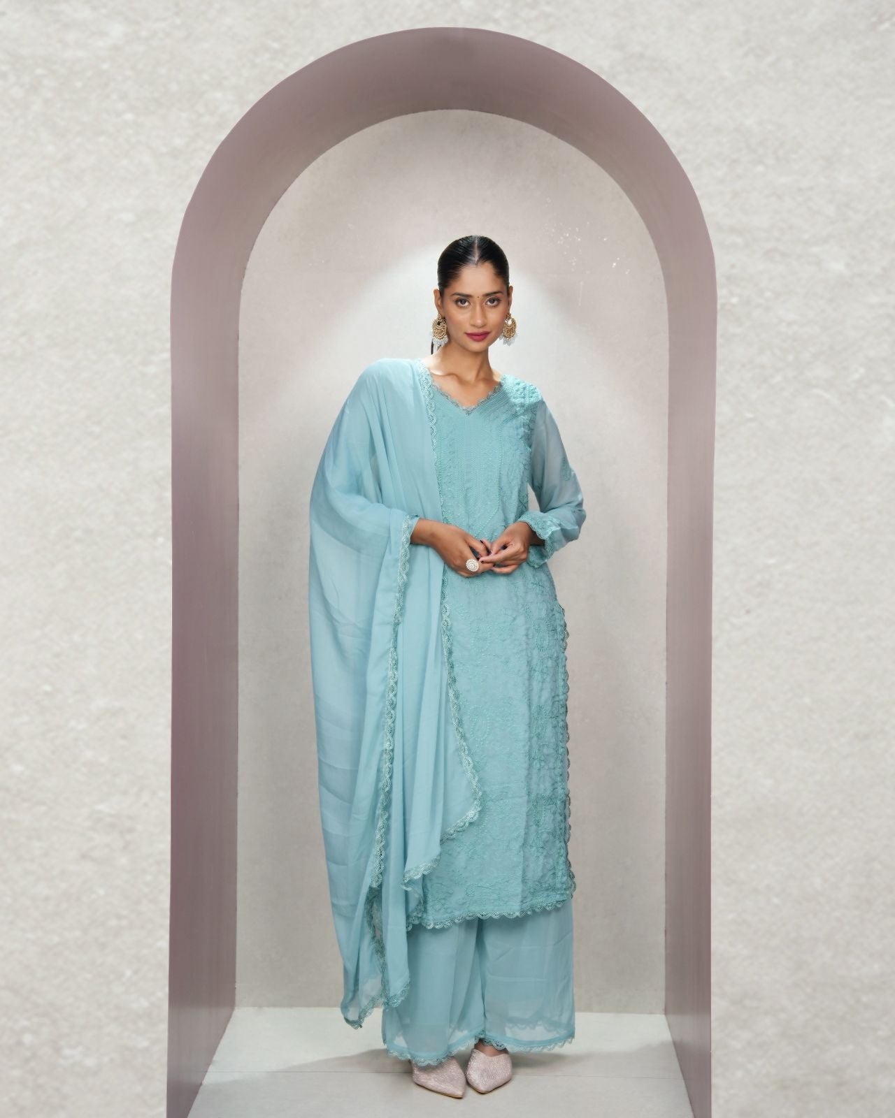 Chikankari Embroidery 3-Piece Suit - Fox Georgette Gown Set