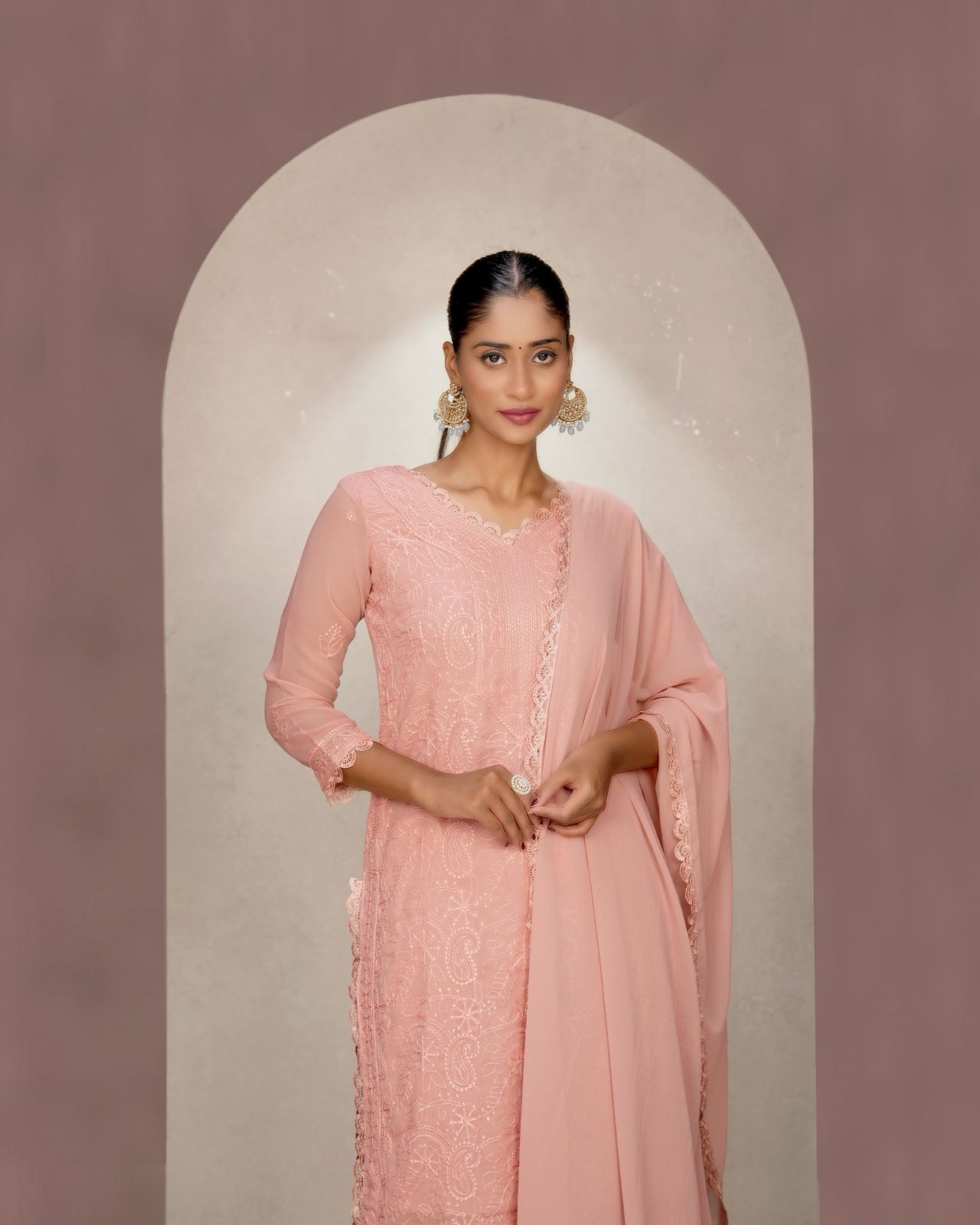 Chikankari Embroidery 3-Piece Suit - Fox Georgette Gown Set