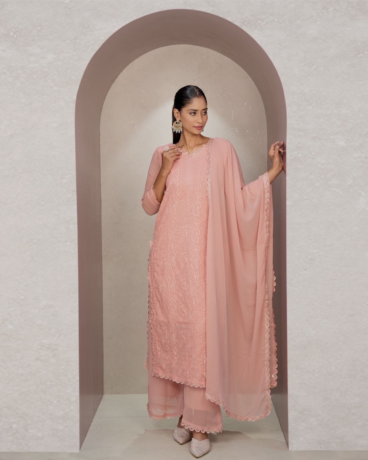 Chikankari Embroidery 3-Piece Suit - Fox Georgette Gown Set
