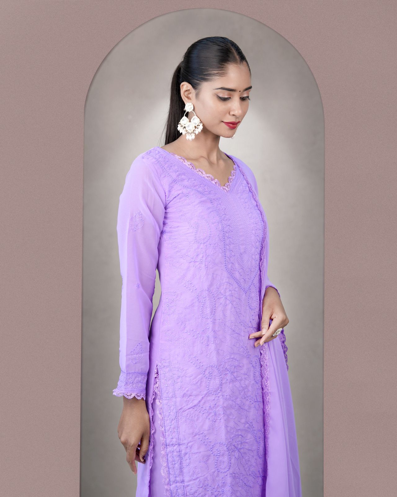 Chikankari Embroidery 3-Piece Suit - Fox Georgette Gown Set