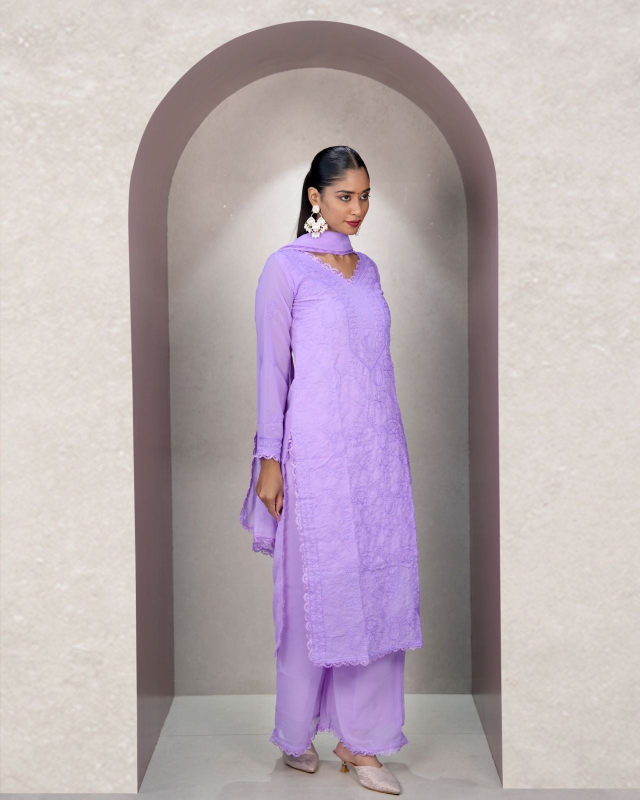 Chikankari Embroidery 3-Piece Suit - Fox Georgette Gown Set