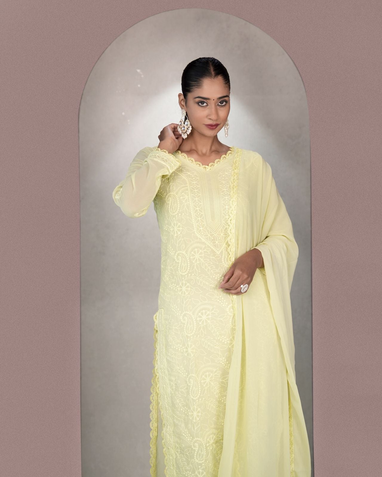 Chikankari Embroidery 3-Piece Suit - Fox Georgette Gown Set
