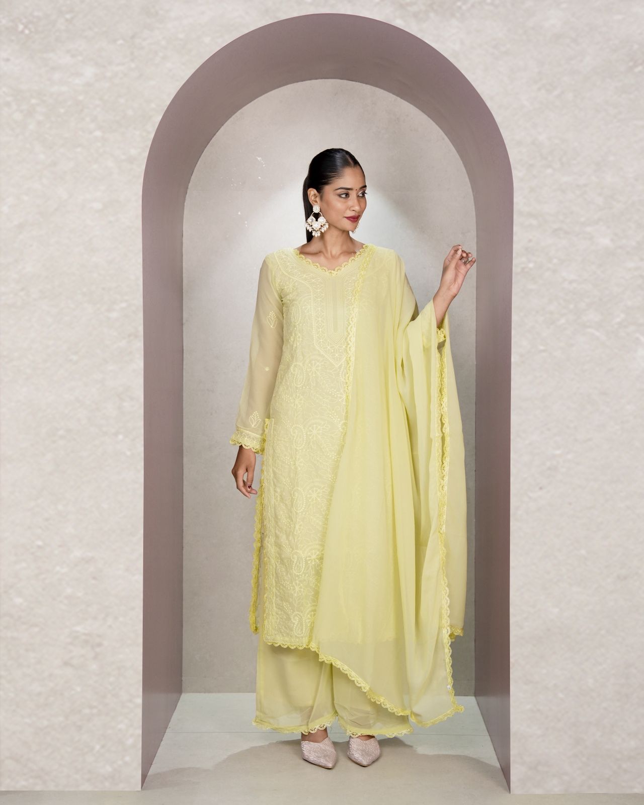 Chikankari Embroidery 3-Piece Suit - Fox Georgette Gown Set