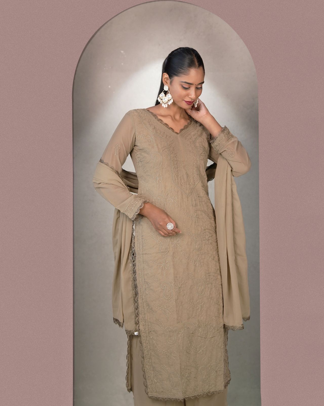 Chikankari Embroidery 3-Piece Suit - Fox Georgette Gown Set