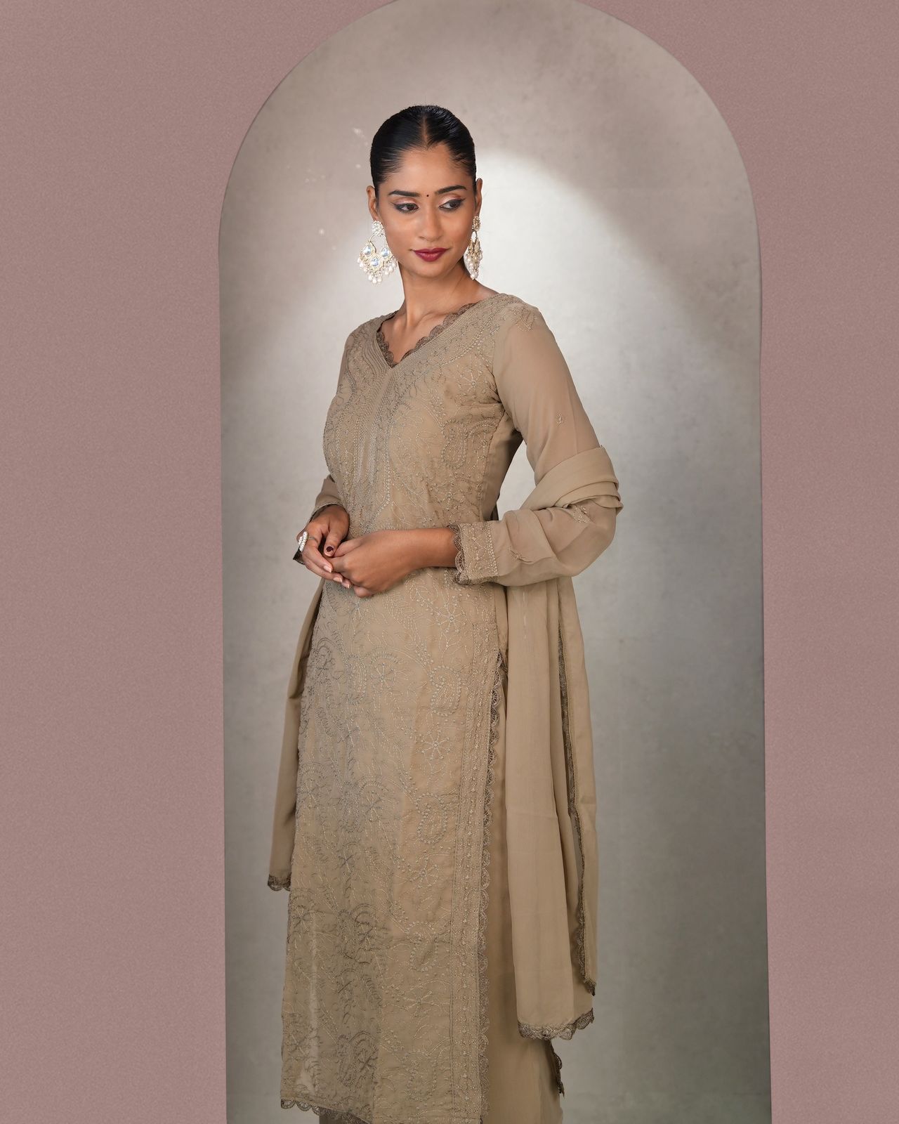 Chikankari Embroidery 3-Piece Suit - Fox Georgette Gown Set