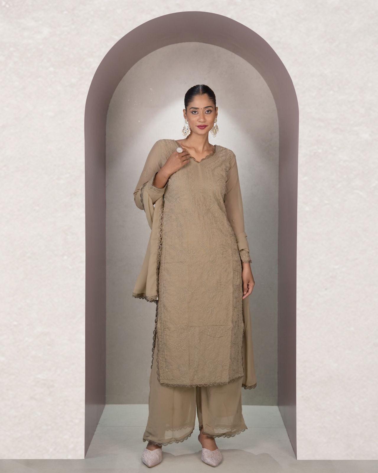 Chikankari Embroidery 3-Piece Suit - Fox Georgette Gown Set