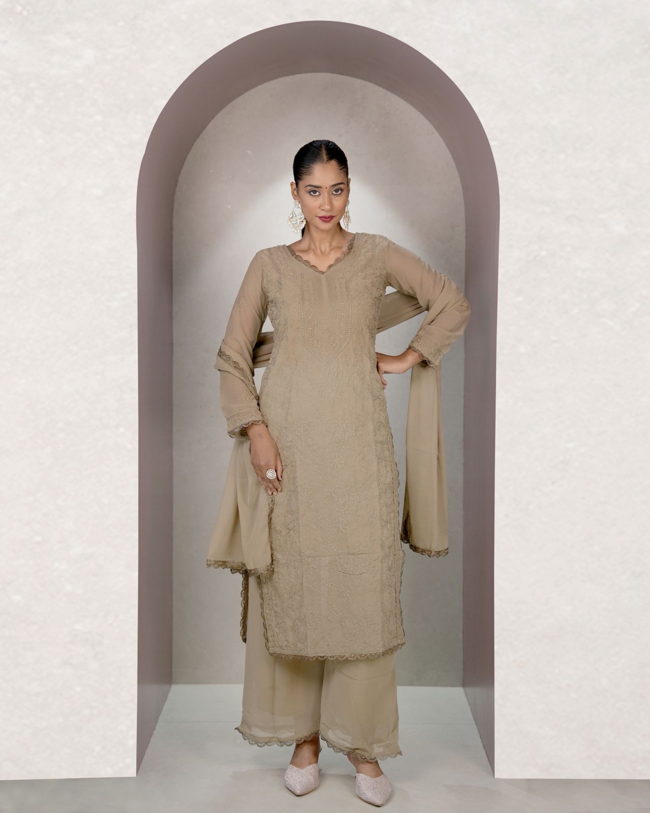 Chikankari Embroidery 3-Piece Suit - Fox Georgette Gown Set