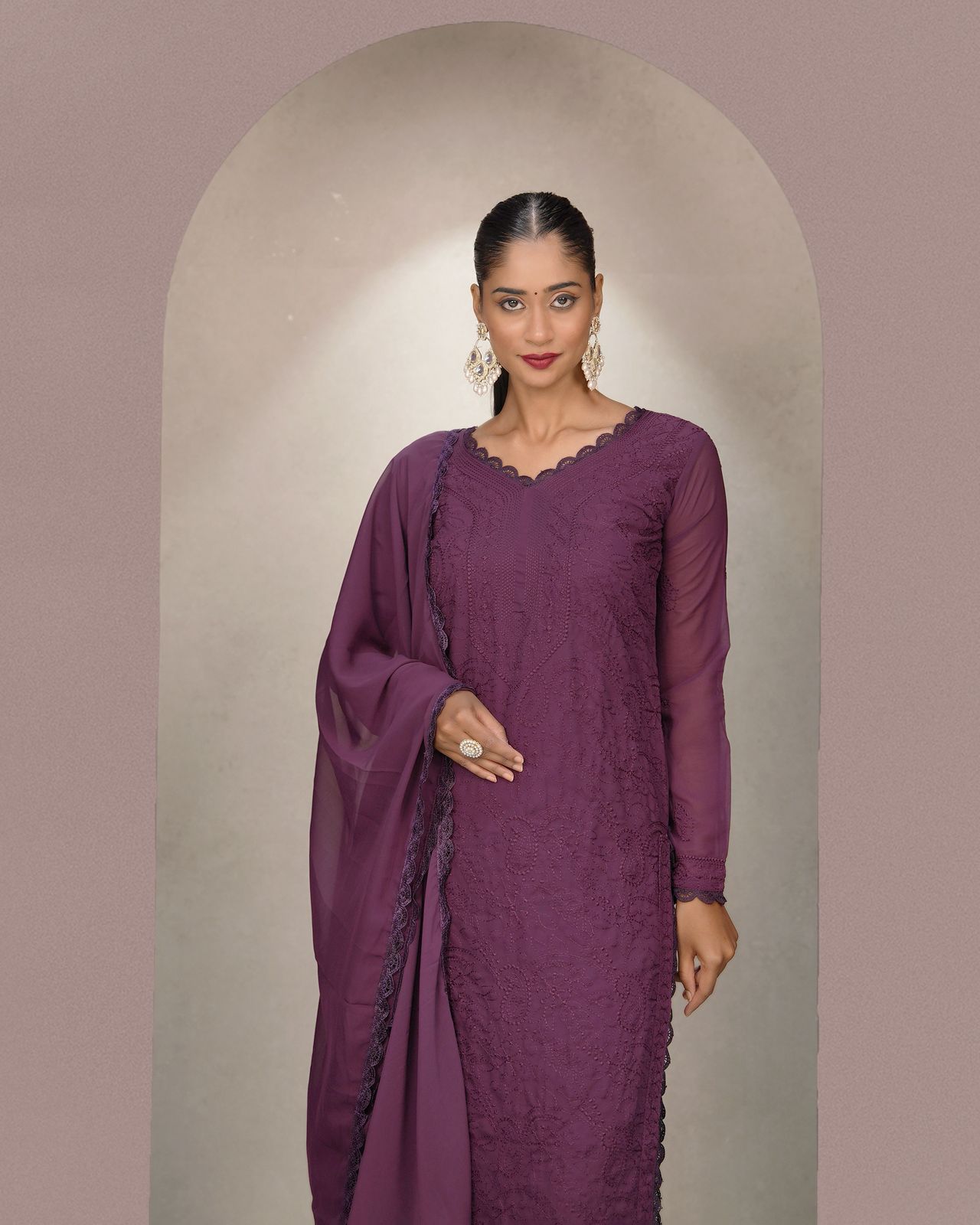 Chikankari Embroidery 3-Piece Suit - Fox Georgette Gown Set