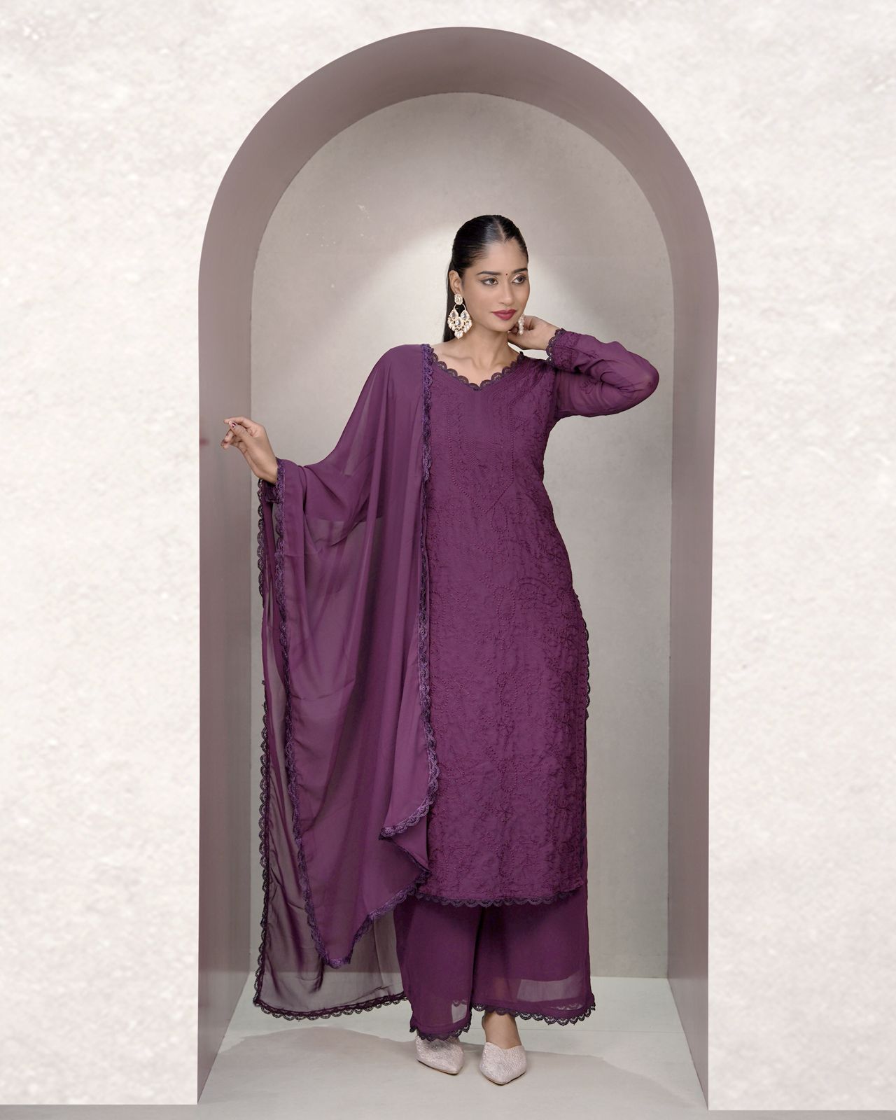 Chikankari Embroidery 3-Piece Suit - Fox Georgette Gown Set
