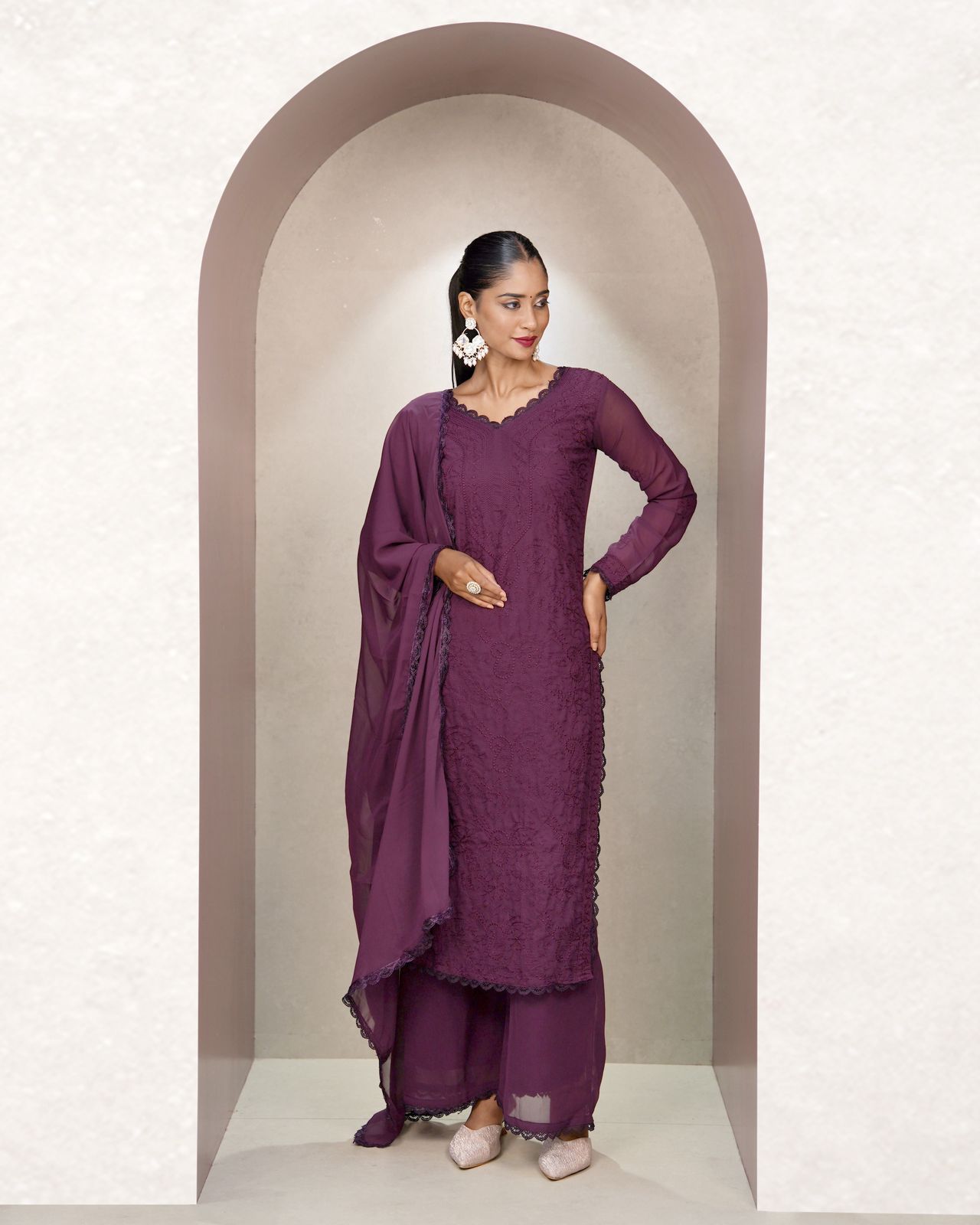 Chikankari Embroidery 3-Piece Suit - Fox Georgette Gown Set