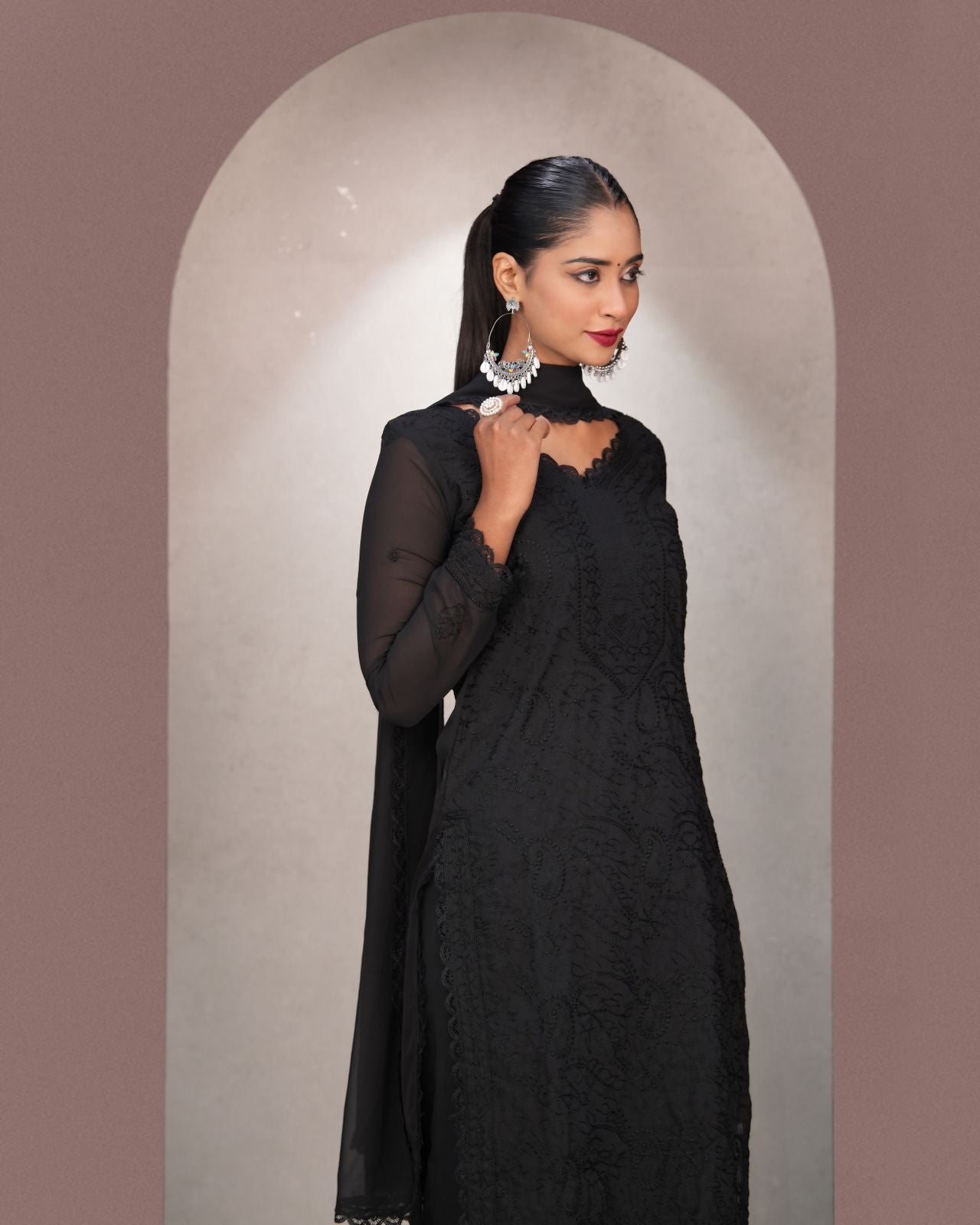 Chikankari Embroidery 3-Piece Suit - Fox Georgette Gown Set