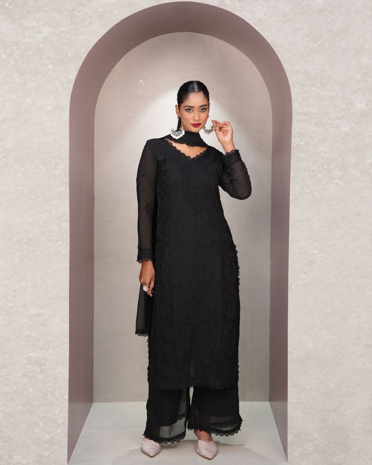 Chikankari Embroidery 3-Piece Suit - Fox Georgette Gown Set