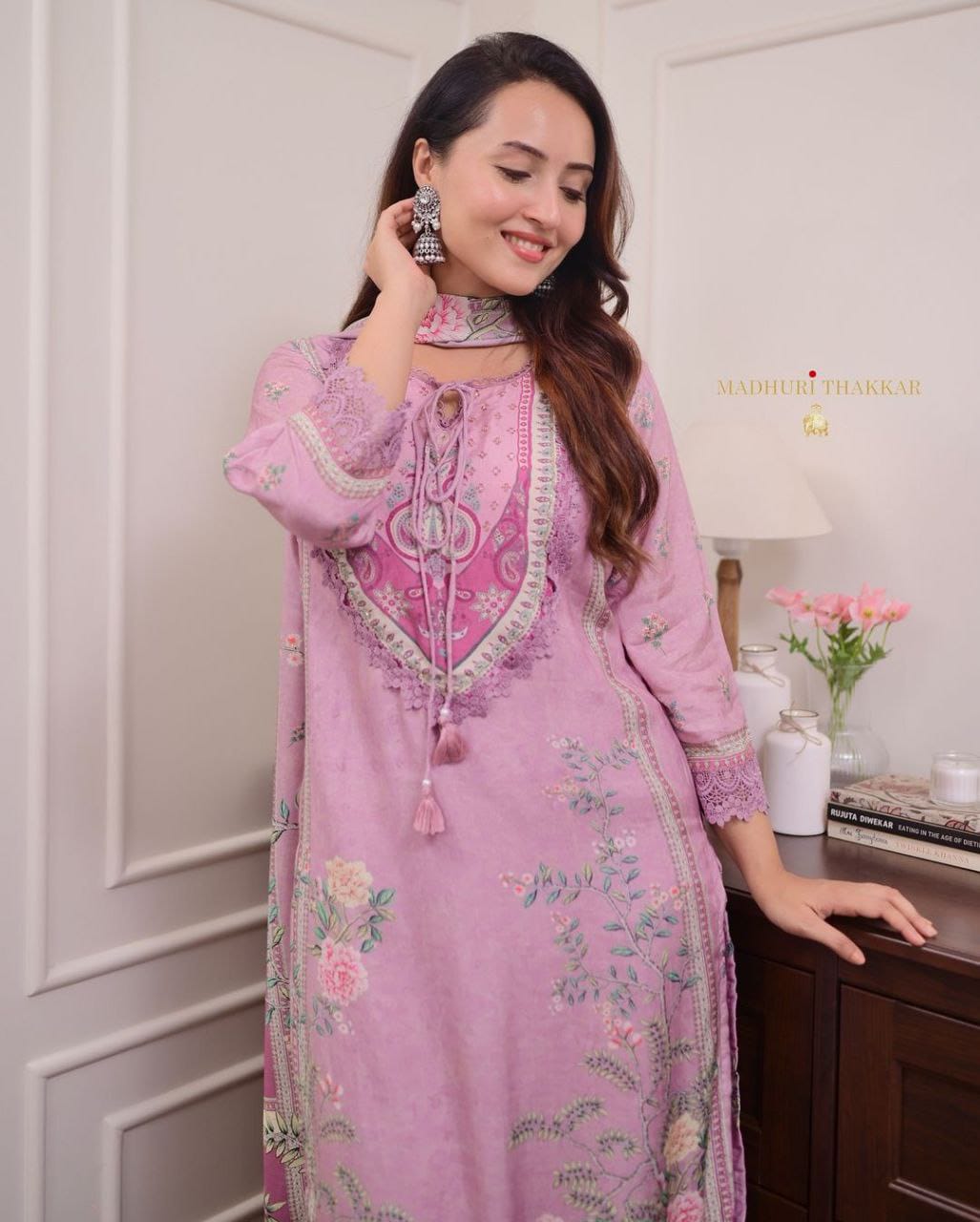Lilac Muslin Pakistani Suit with Embroidery & Dupatta