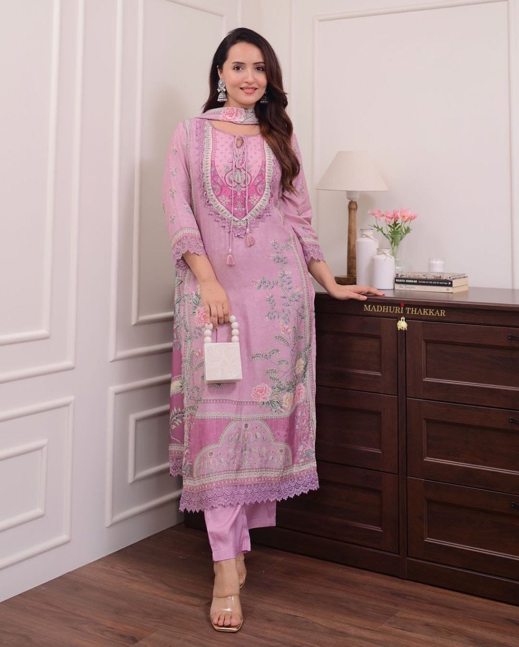 Lilac Muslin Pakistani Suit with Embroidery & Dupatta