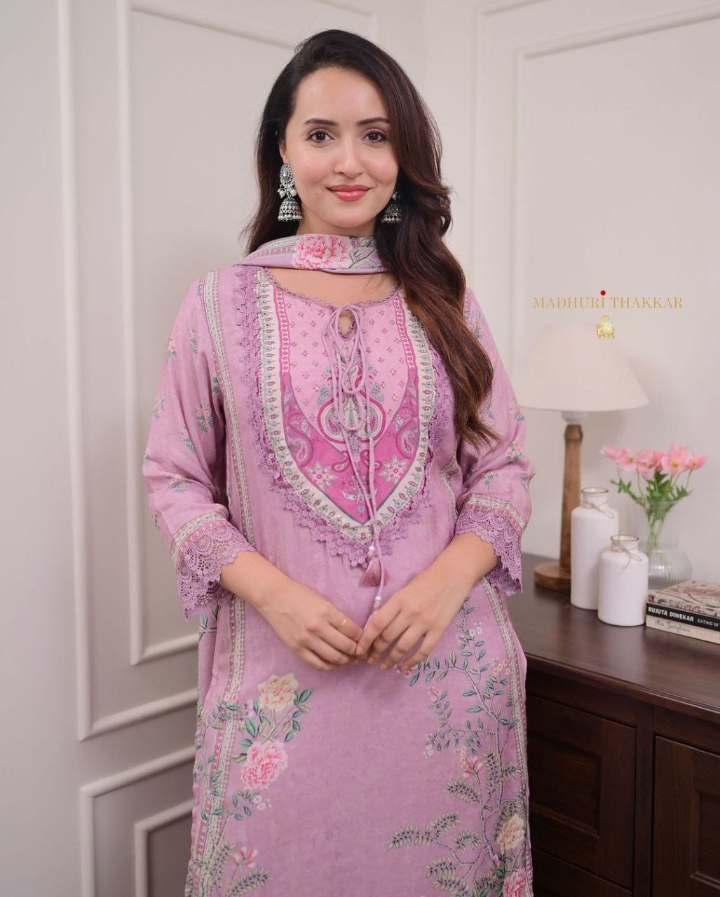 Lilac Muslin Pakistani Suit with Embroidery & Dupatta