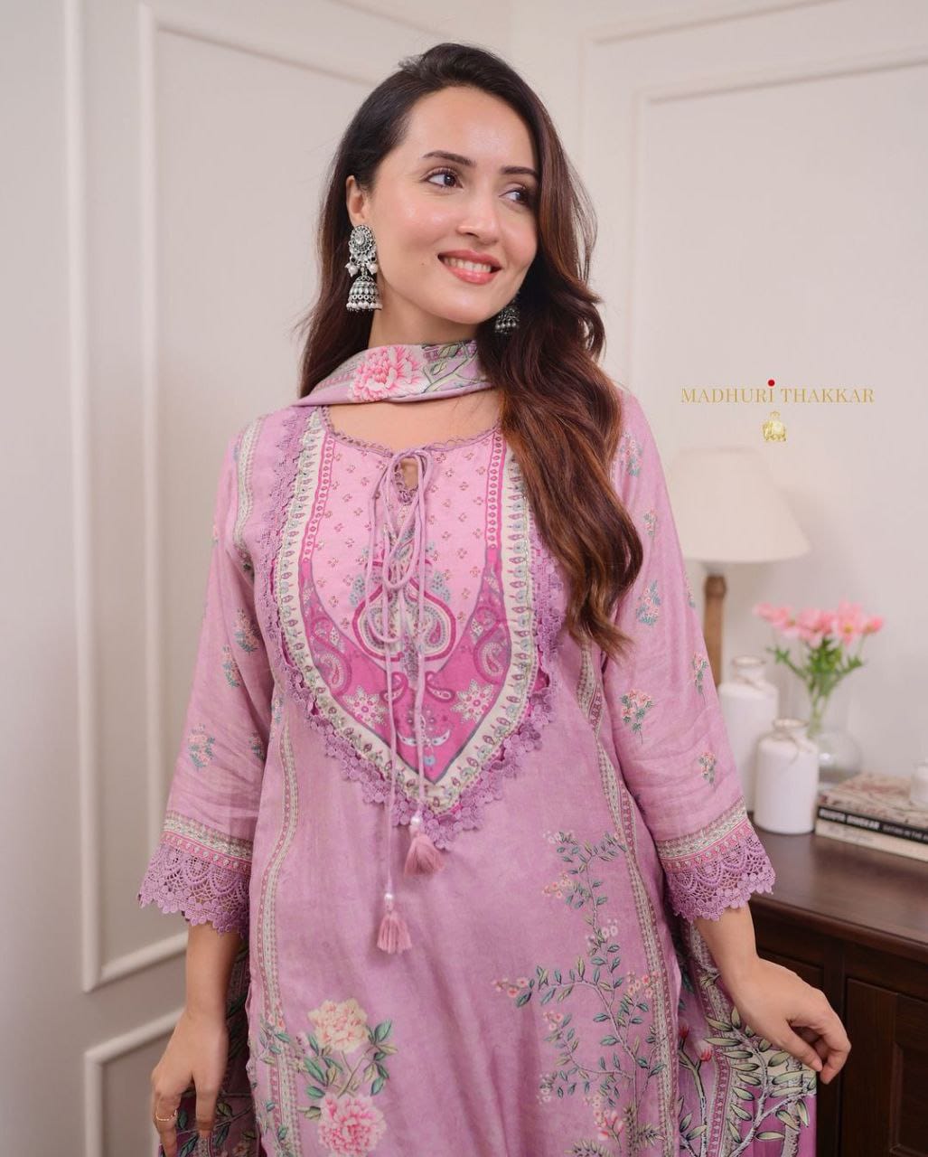 Lilac Muslin Pakistani Suit with Embroidery & Dupatta