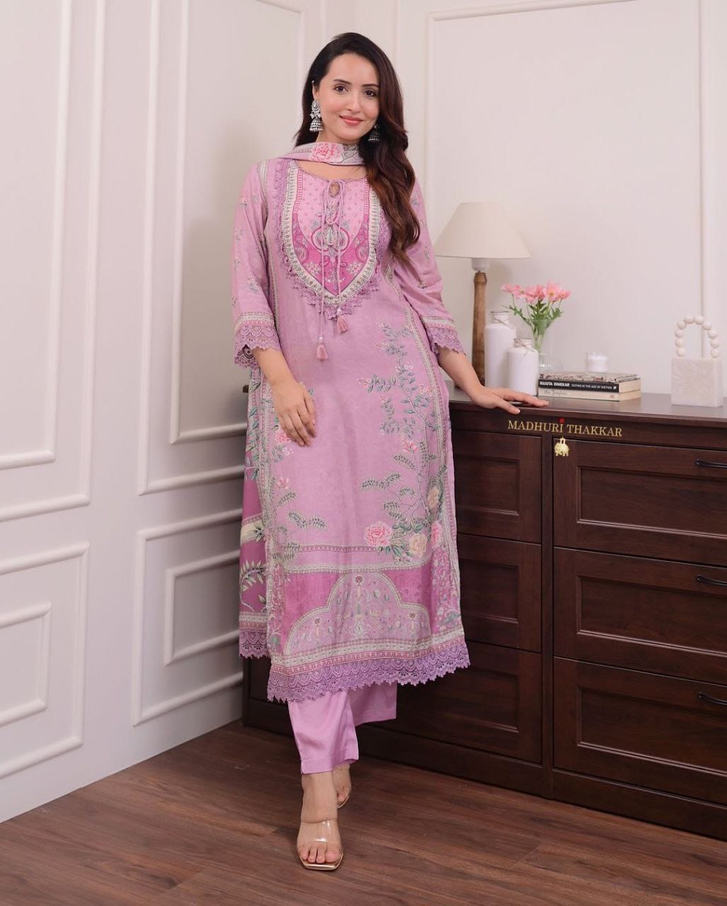 Lilac Muslin Pakistani Suit with Embroidery & Dupatta