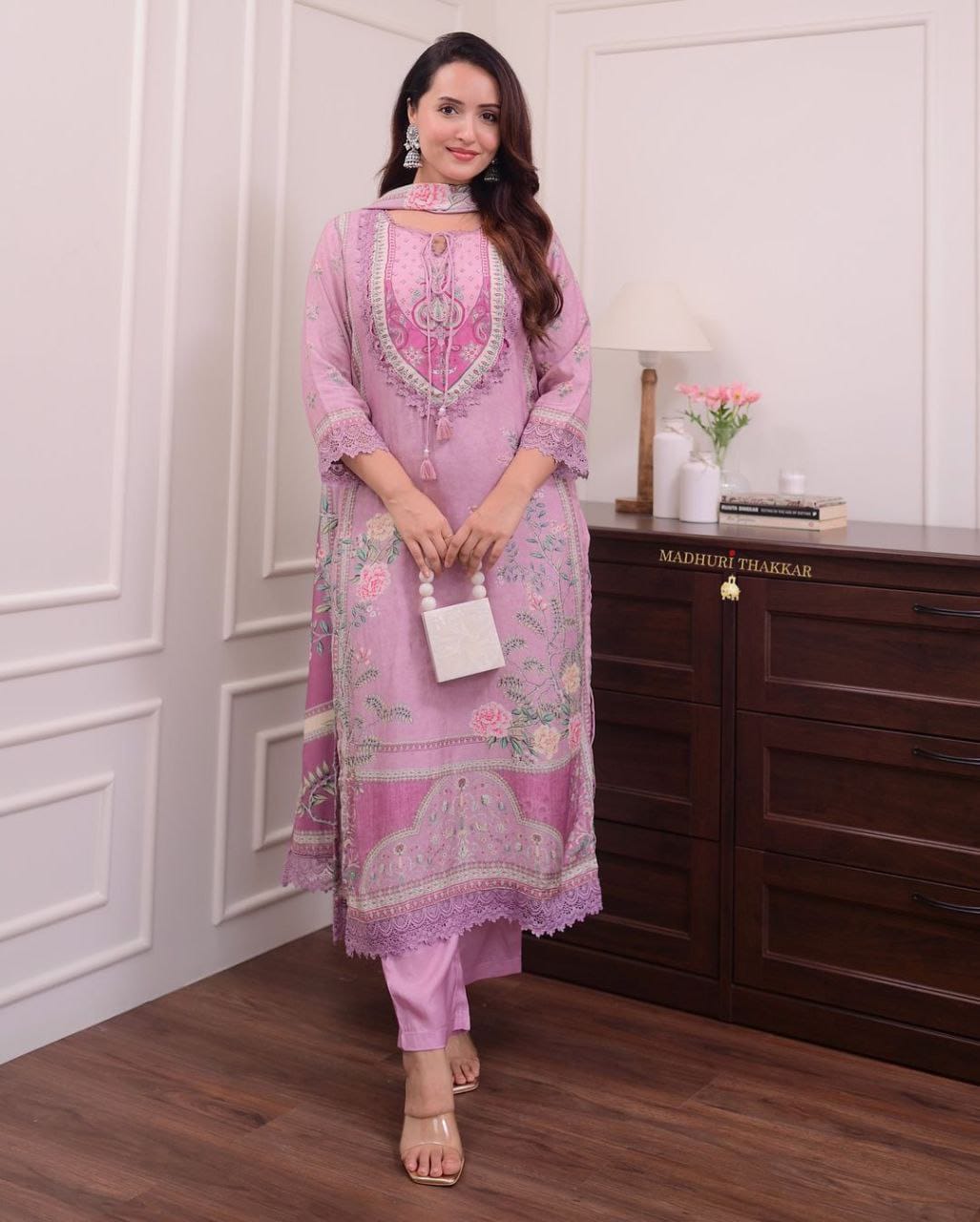 Lilac Muslin Pakistani Suit with Embroidery & Dupatta
