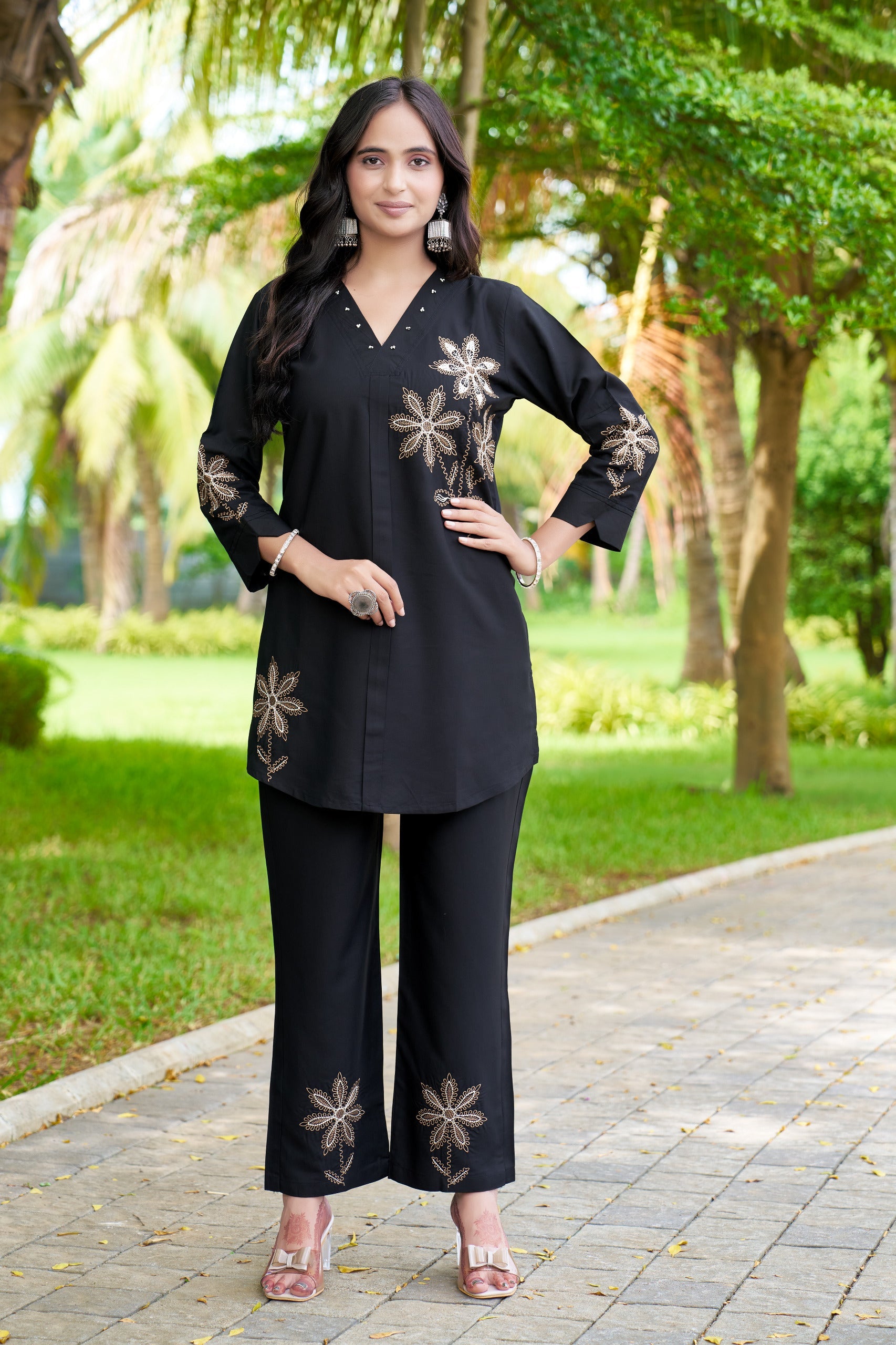 Embroidered Rayon Co-ord Set with Straight-Cut Pant