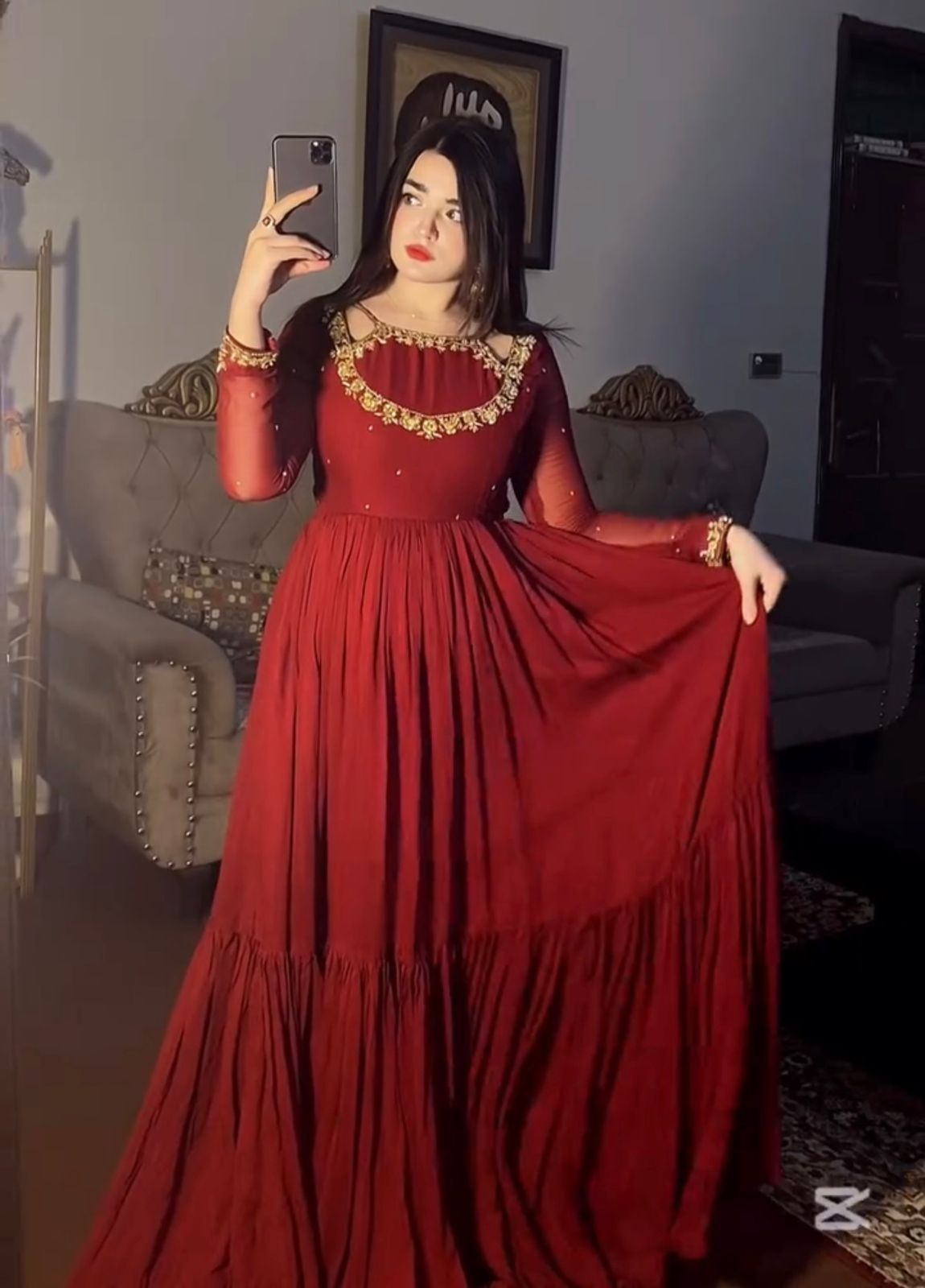 Red Faux Georgette Embroidered Anarkali Gown