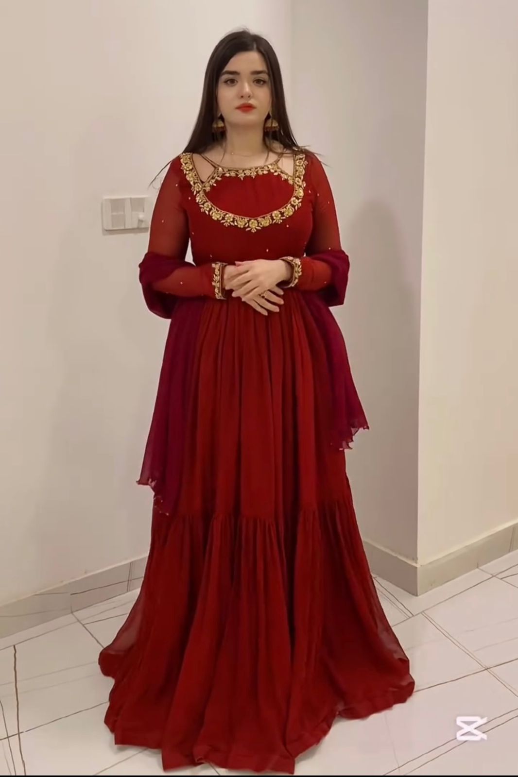 Red Faux Georgette Embroidered Anarkali Gown