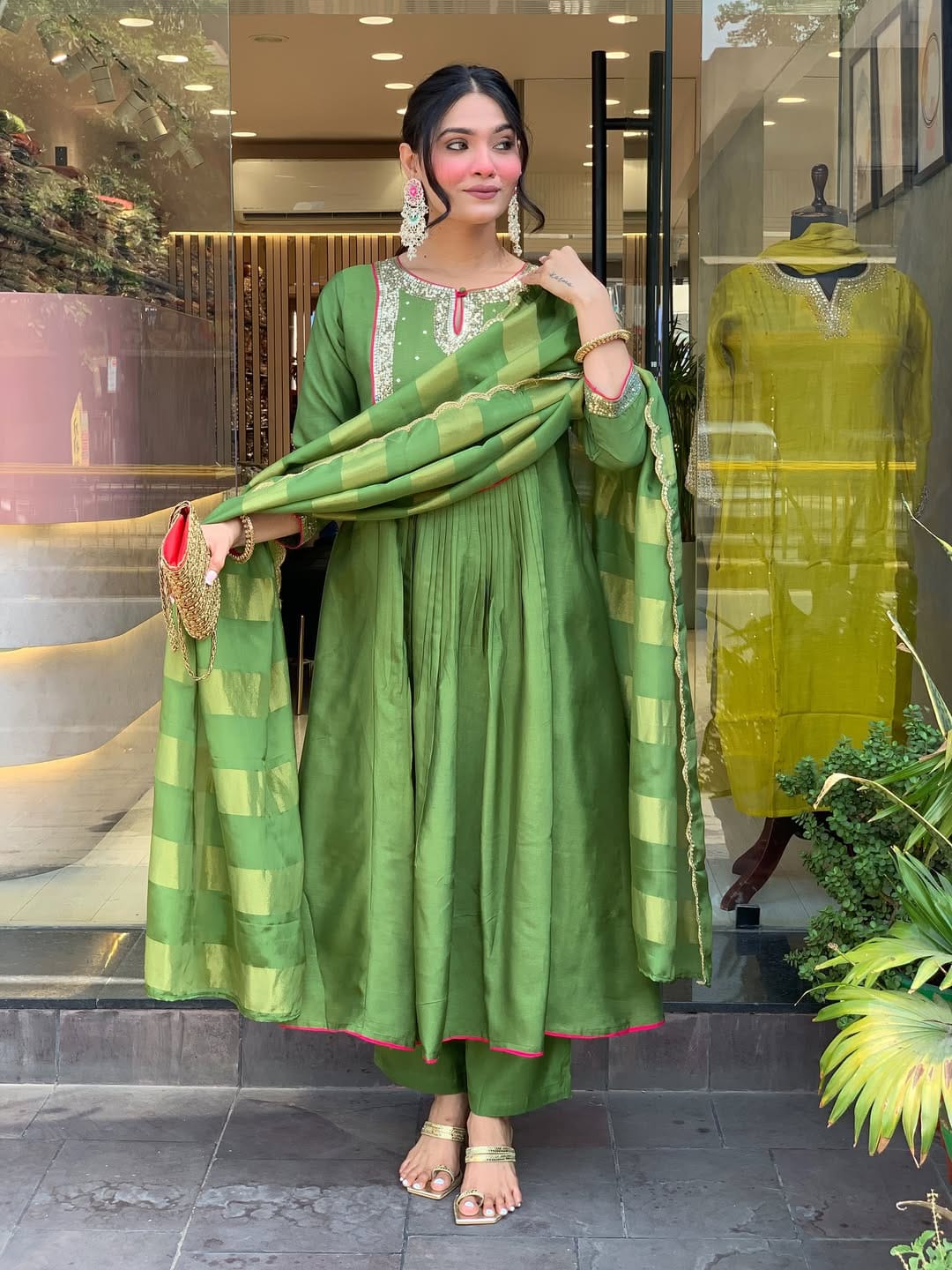 Green Mul Chanderi Suit Set with Banarasi Dupatta