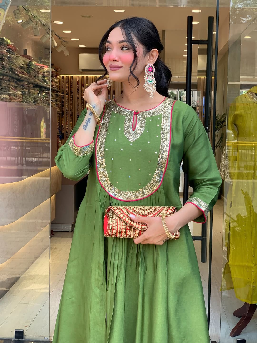 Green Mul Chanderi Suit Set with Banarasi Dupatta