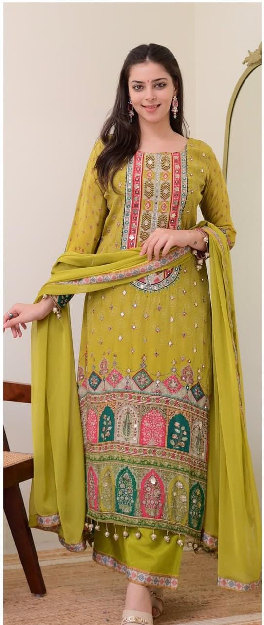 Pista Green Chinon Anarkali Set with Dupatta