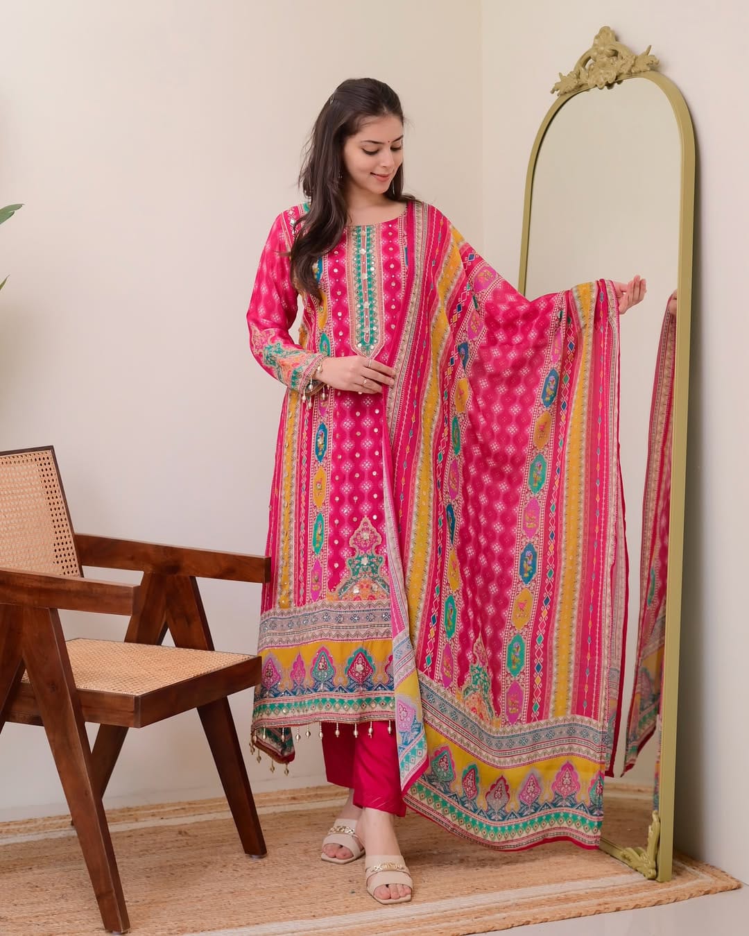 Pink Printed Chinon Kurti Set