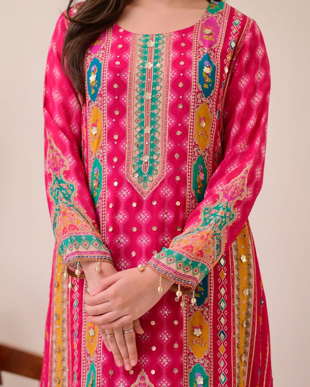 Pink Printed Chinon Kurti Set