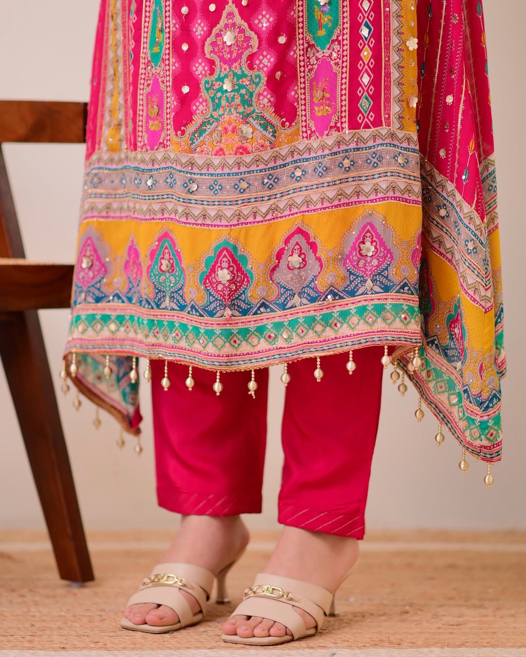 Pink Printed Chinon Kurti Set