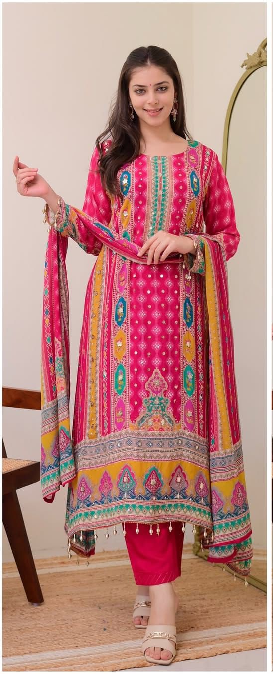 Pink Printed Chinon Kurti Set